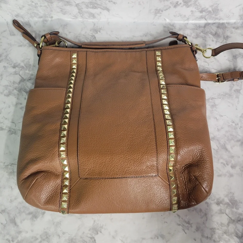 Coach Studded Pebbled Leather Shoulder Bag Saddle Brown Gold Hardware Crossbody